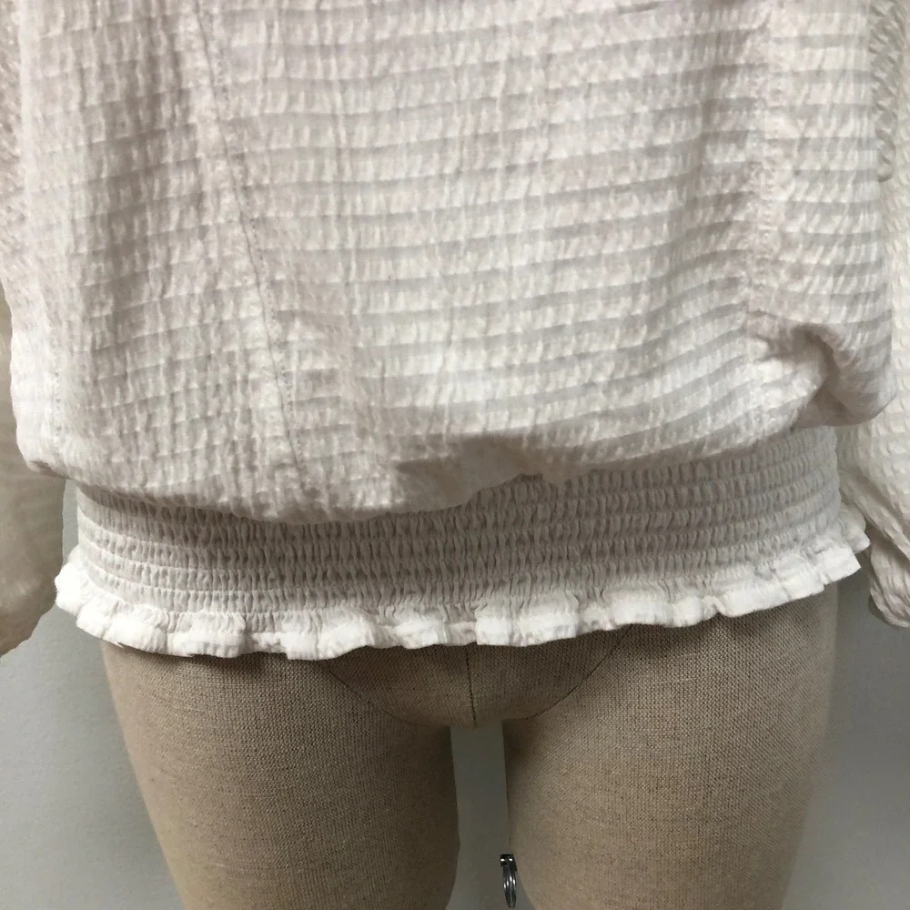 Anthropologie Blouse Women Small White Textured Smocked Hem Keyhole Tie Boho Top